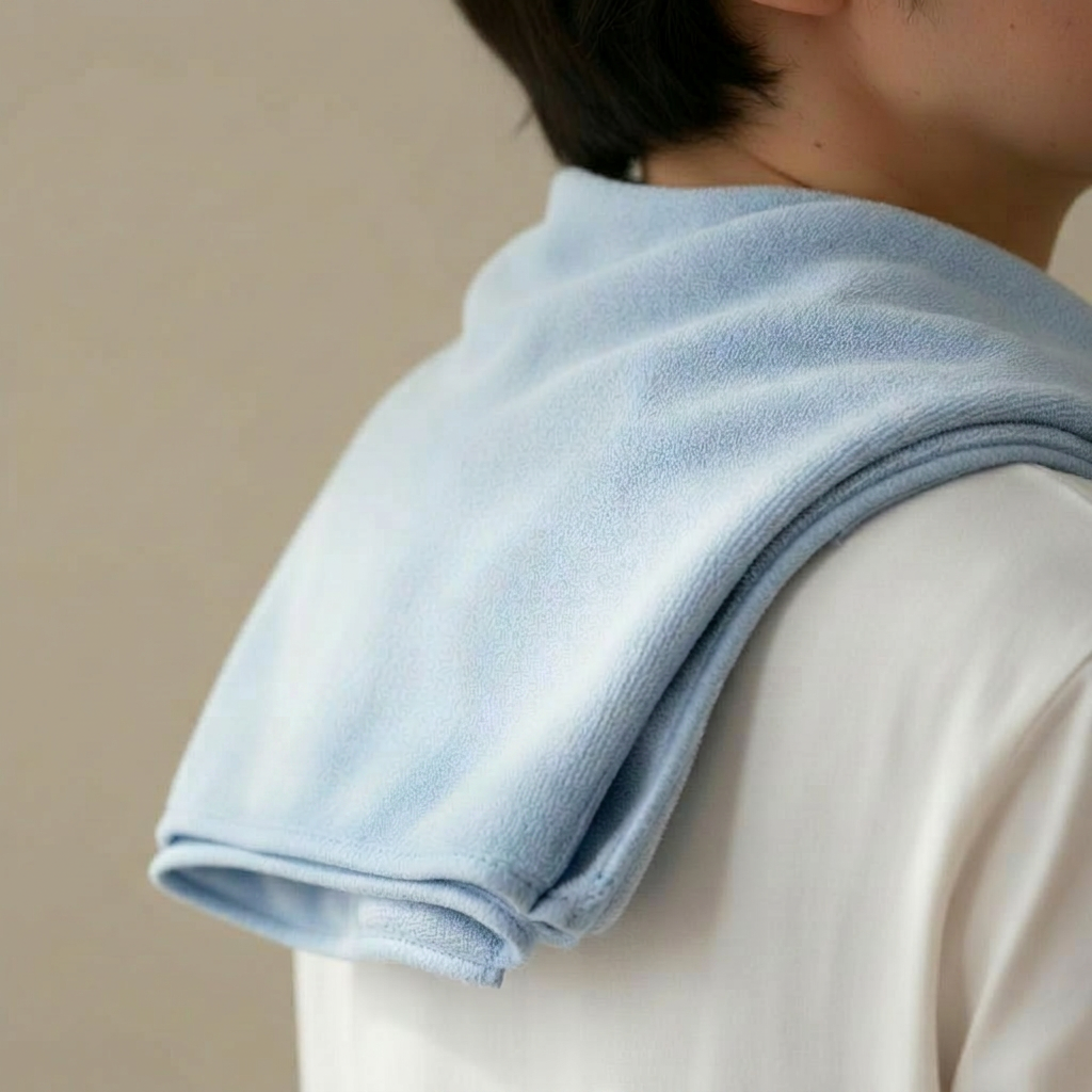 Woman draping a LoveCool cooling towel around her neck for instant relief