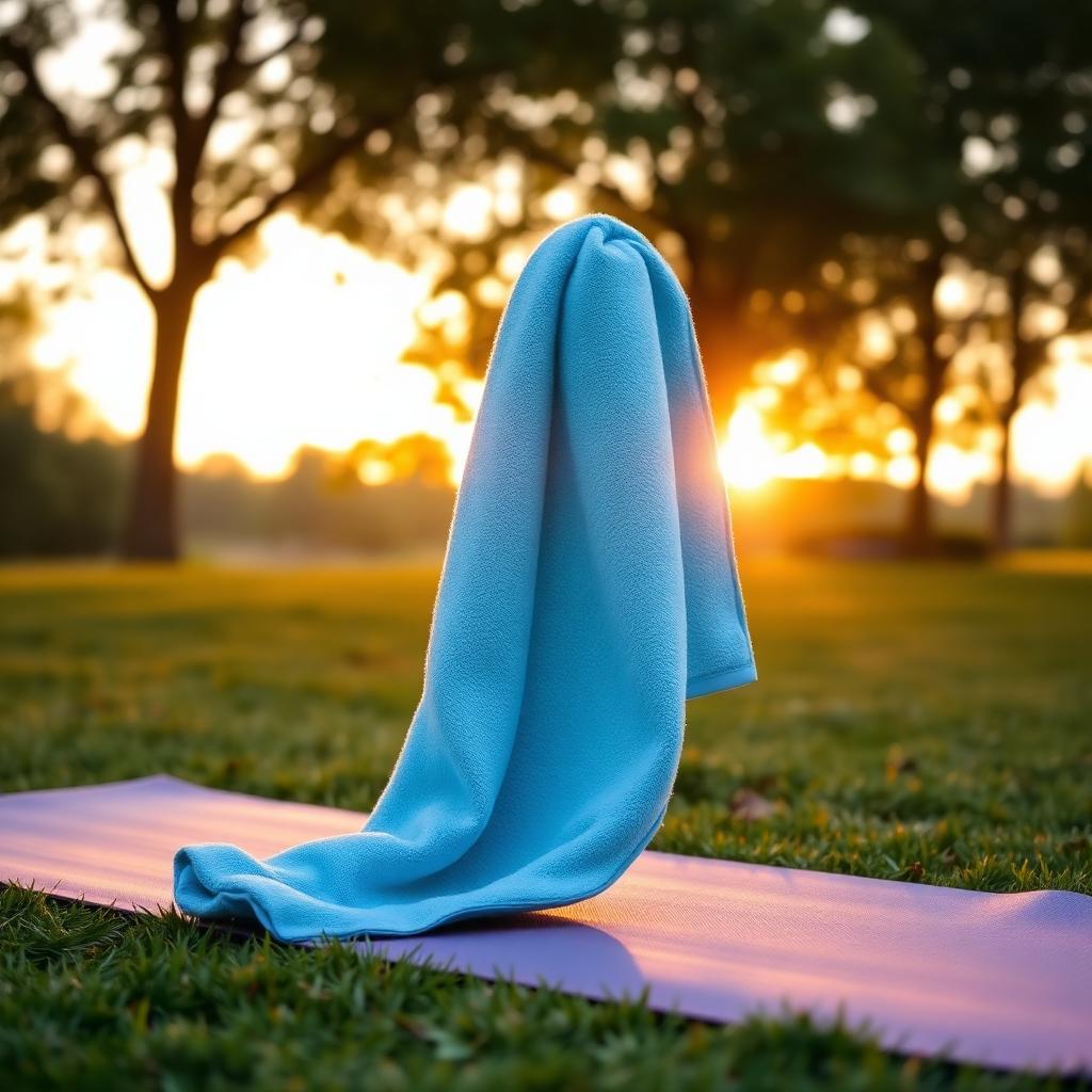 LoveCool cooling towel draped over a yoga mat at sunrise
