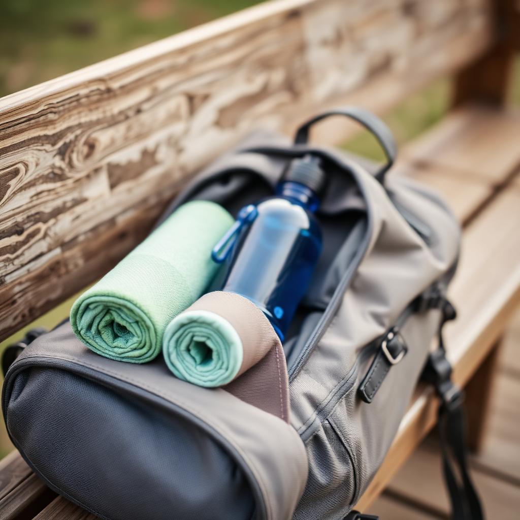 Rolled LoveCool towel packed into a travel backpack with water bottle