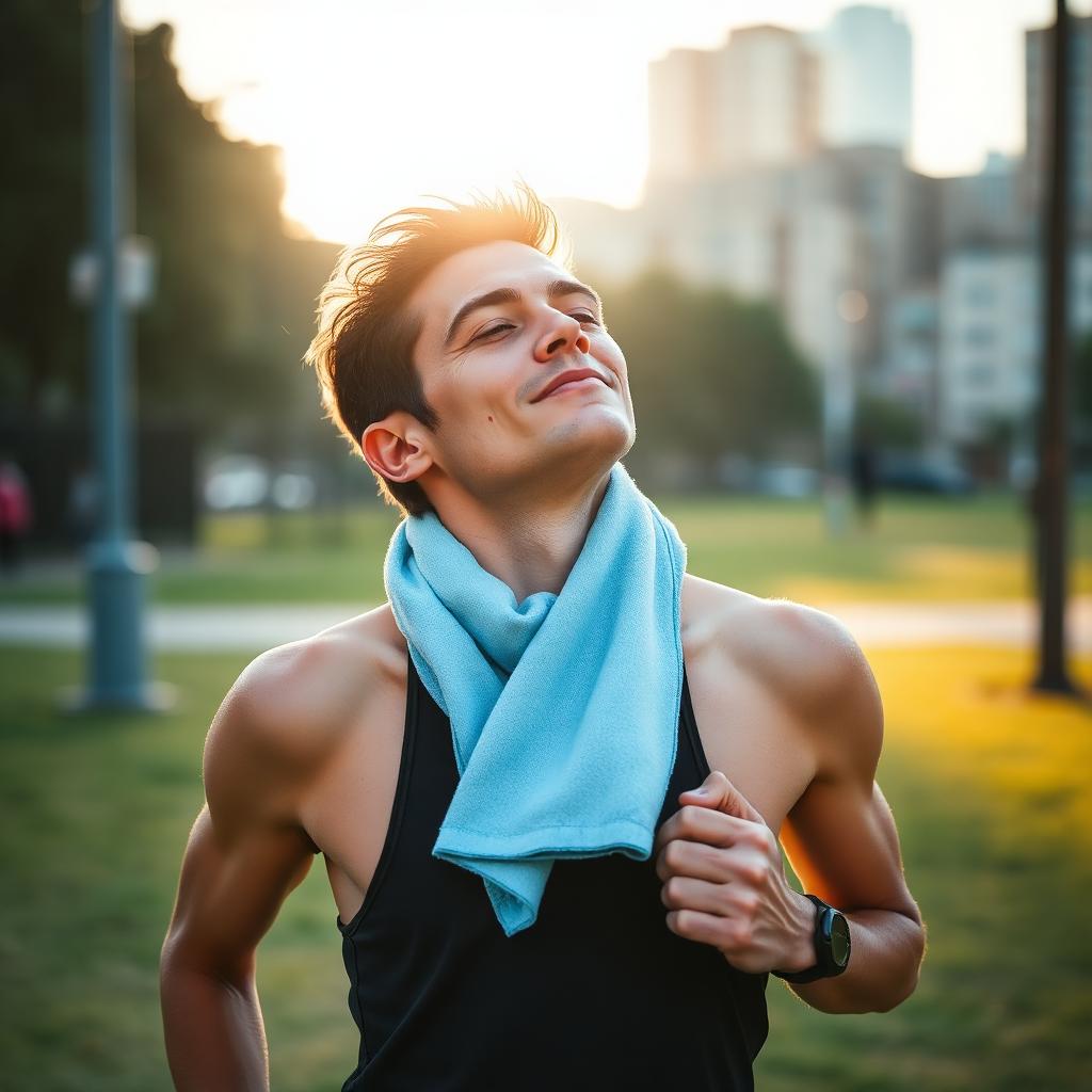 Runner with LoveCool towel around their neck in an urban park