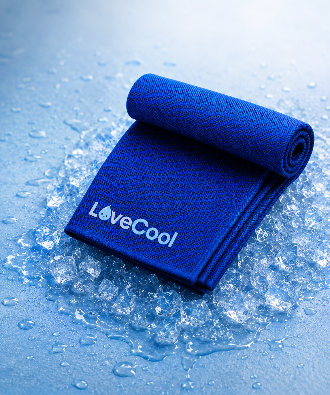 LoveCool cooling towel folded with eucalyptus on a soft blue background